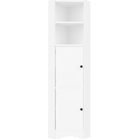 Armario de baño esquinero triangular blanco de MDF con 2 estantes abiertos y 2 puertas (1/5)