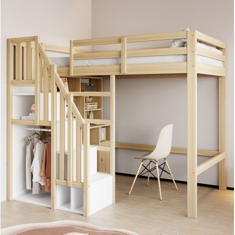 Hochbett aus Naturholz 90x200 cm mit Schreibtisch, Regalen, Schränken und Treppe mit Stauraum (1/5)
