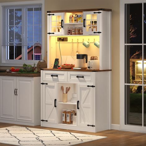 Buffet bar 100x40x172 cm avec led, prises, 2 tiroirs, portes de grange, étagères réglables - blanc (1/5)