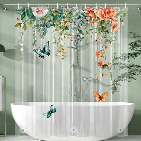 Rideau de douche transparent à fleurs 180 x 200 cm Anti-moisissure Imperméable En EVA Avec 12 crochets Pour salle de bain Motif A (1/5)