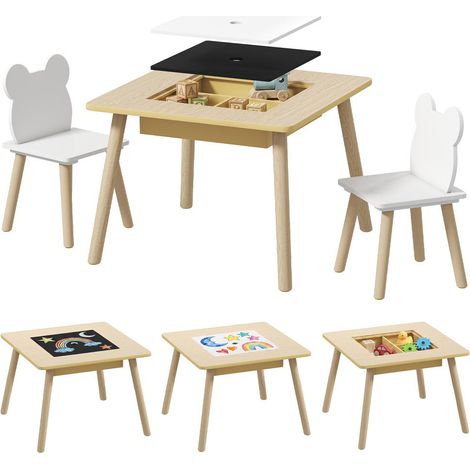 Table et 2 Chaises Enfant 3 en 1 avec Rangement Meuble d'Activité en MDF Dossier Ours Finition Bois Naturel pour Chambre (1/5)