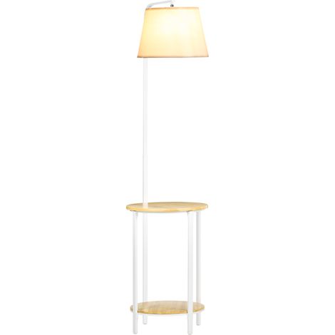 Lampadaire blanc sur pied avec abat-jour textile 2 tablettes rondes en bois interrupteur à pédale hauteur 162 cm