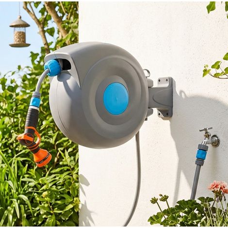 Wand-Schlauchaufroller 20 m mit automatischem Rücklauf, 180° drehbar, blau OKMYHOME (1/5)