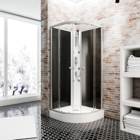 Wellnesskabine Runddusche Rhodos von Schulte, Kompelettkabine mit Massagedüsen, 4 mm starkes Sicherheitsglas ESG Klar hell, Rückwände 4 mm ESG Grau, Profilfarbe: Alu-Natur, 85 x 85 x 225 cm