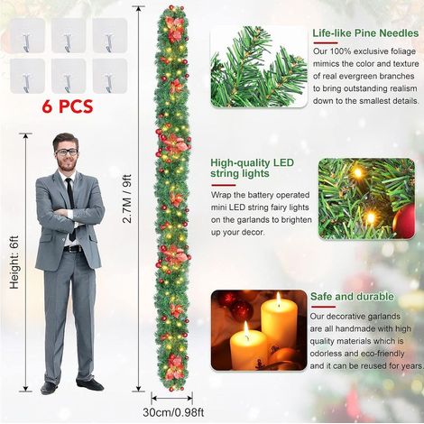 Guirlande Sapin Artificiel 2.7M,Guirlande de Noël Sapin avec LED,Couronne de Noël Porte avec 6 Crochets,pour Décor Porte Cheminée Escaliers Fête,Intérieure Extérieure GROOFOO  (rouge) (1/4)