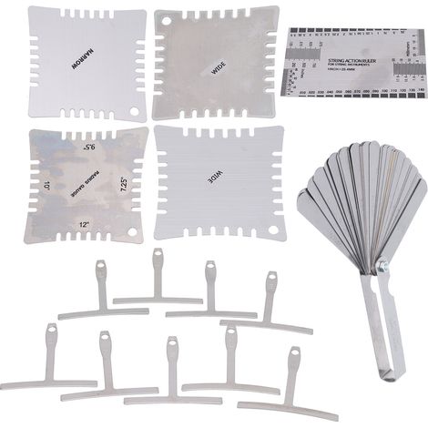 Jauge de mesure guitare luthier en acier inoxydable argenté, réglet distance cordes hauteur radius, outil réglage manche, kit 6 pièces précision. (1/5)