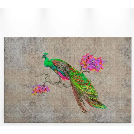 Tableau oiseau multicolore avec fond motif baroque | Tableau animaux idéal salon | Tableau sur toile avec paon pour couloir 0,9 x 0,6 m (1/5)