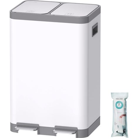 Poubelle de cuisine avec 2 compartiments, grande poubelle de recyclage en acier inoxydable avec 2 seaux intérieurs en plastique amovibles, marche silencieuse (20 + 20 L, blanc) (1/5)