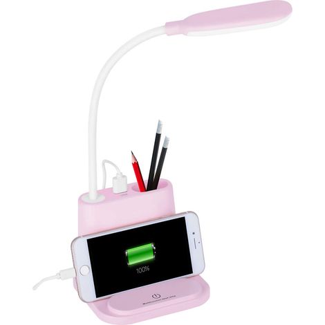 Lampe bureau LED rechargeable USB, support téléphone et porte-crayon intégrés, coloris rose, avec port de charge rapide - idéale étudiant, design moderne (1/4)