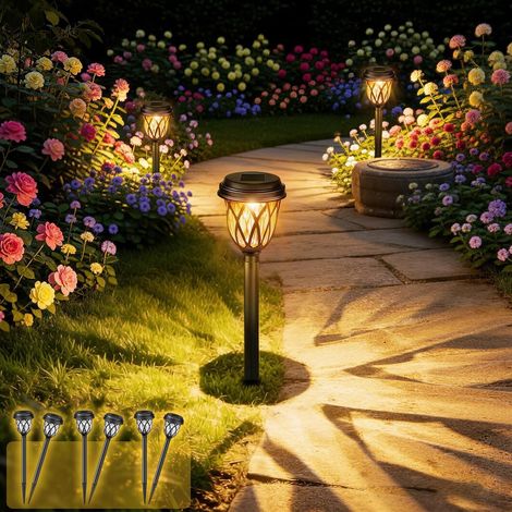 Lampes solaires de jardin pour usage extérieur, ensemble de 6 bornes solaires étanches, éclairage extérieur blanc chaud avec piquet de terre, décoration pour allées de jardin, pelouses, entrées de gar (1/5)
