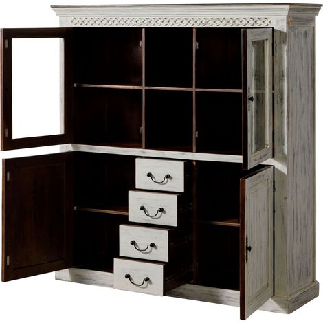Buffet 150x45x160 en bois de manguier / acacia blanc ciré CASTLE-ANTIK 105 (1/2)
