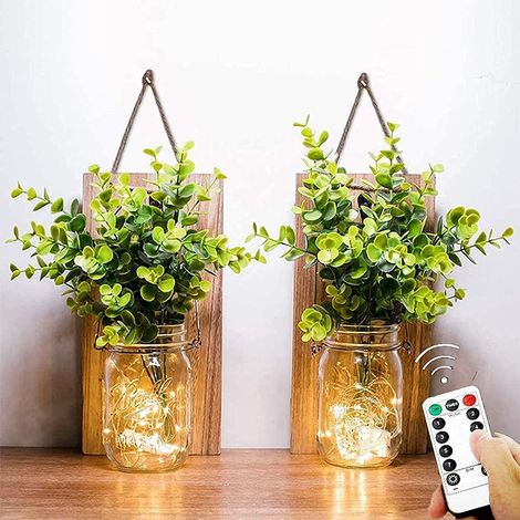 Appliques Rustiques, Fausses Plantes Vertes Suspendues Mason Jar Mur Lumière avec LED Bandes fonctionnant pour la décoration de Noël de Jardin à la Maison(Lot de 2) (Télécommande plante verte) (1/5)