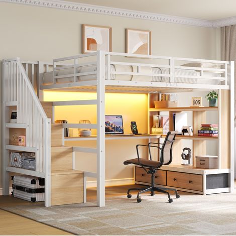 Cama alta 140x200 cm MDF y metal blanca con escritorio, sin colchón - MEUBLIV (1/5)