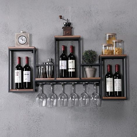 Wine Rack Wall Mounted Shelf, Industrial Hanging Bottle Display Storage with Holder, Solid Wood Glass Holder Ceiling for Bar Cafe, 106 x 20 x 55 cm