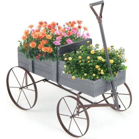 Décoration de jardin et plantation facile : jardinière wagon en bois gris avec roues métal et poignée (1/5)
