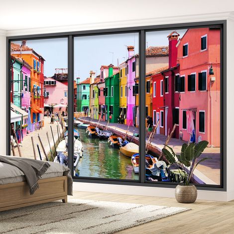 Papier peint panoramique Trompe l'oeil baie vitrée - Ville burano - 130 cm x 78 cm (1/5)