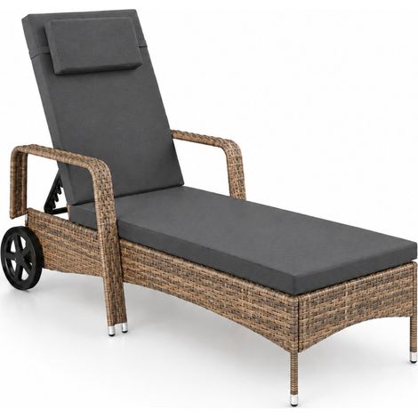 Lettino Prendisole Reclinabile In Polyrattan Con Schienale Regolabile In 6 Posizioni Cuscino Poggiatesta E Ruote Per Giardino Piscina Terrazzo 196 x 72 x 94.5 Cm Marrone Chiaro (1/5)