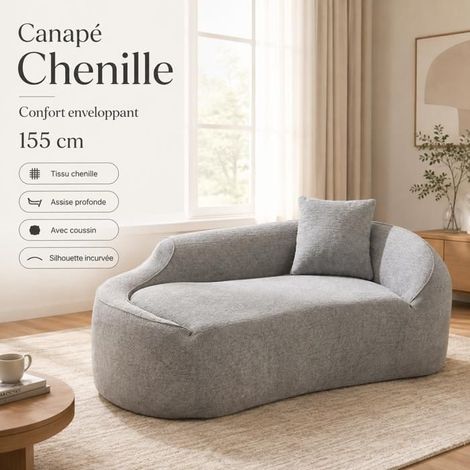 Petit Canapé 155x96x65cm Tissu Chenille Gris Sans Montage - Mini Canapé - Mousse Ergonomique Confortable Avec Coussin (1/5)