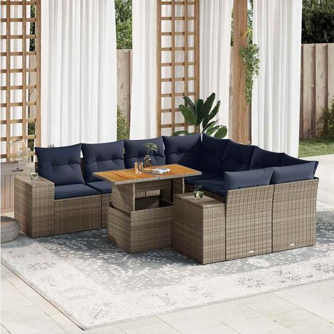 Ensemble salon de jardin 9 pièces en résine tressée grise avec coussins marins et table extensible (1/5)