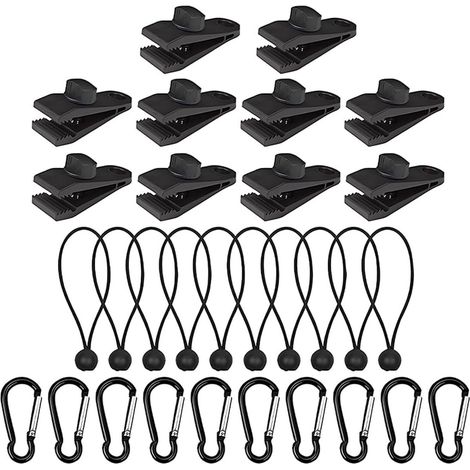 Pinces de fixation pour toile de tente, lot de 30 pinces avec mousqueton, pinces robustes, accessoires pour auvent, pince multifonctionnelle, jeu de pinces avec tendeur, noir (1/5)
