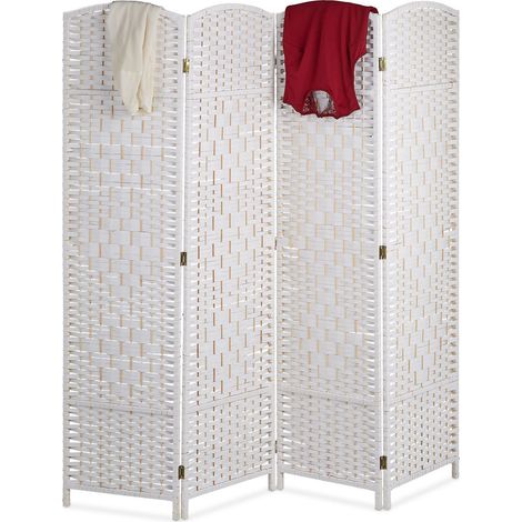 Relaxdays Paravento, A x L: 170 x 160 cm, pieghevole 4 pannelli, legno e corda di carta, bianco (1/5)