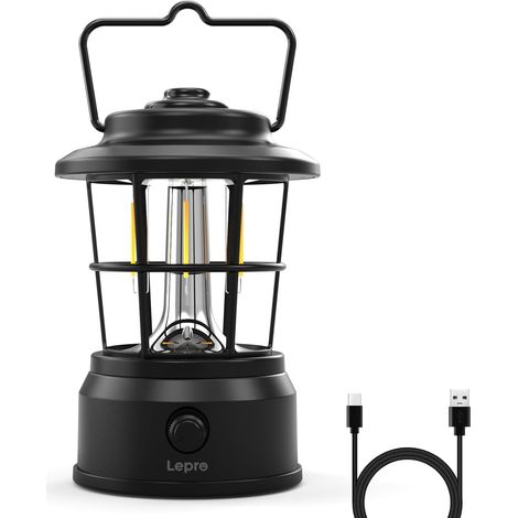 Lampe Camping LED Rechargeable 4 Modes Noir Éclairage 360°, 1000 lm, 4 modes dimmables, recharge USB, batterie externe, crochet IPX4 pour camping (1/5)