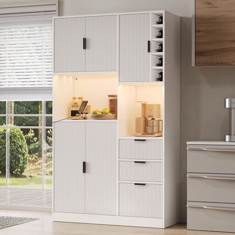 Credenza cucina alta 105x40x180cm con portabottiglie cassetti prese integrate e luci led - mobile dispensa moderno mdf - bianco (1/5)