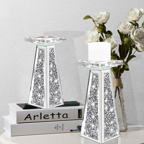 Lot de 2 bougeoirs à Brillants en Verre pour Bougies colonnes, pour décoration de Salle à Manger, Centre de Table, 20,5 cm, argenté (1/5)