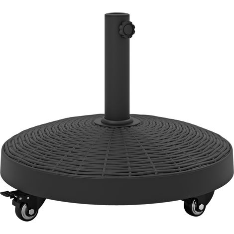 Socle rond de parasol résine acier 52×41 cm 24 kg noir avec 4 roulettes 360° verrouillables, motif rotin adaptateur mâts 38/48 mm jardin terrasse bord piscine (1/5)