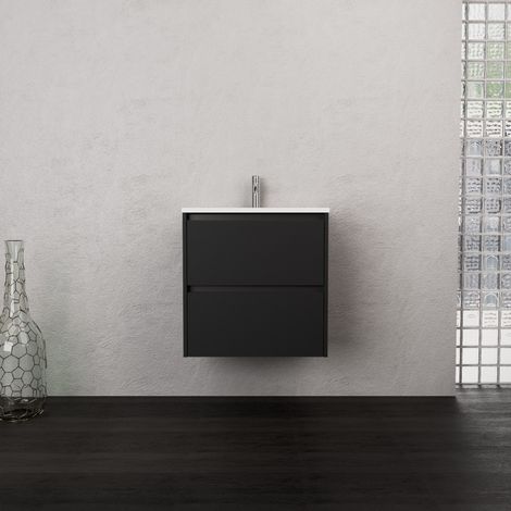 Inda - Badezimmerschrank 2 Schubladen B.60 mit mattiertem Waschbecken / Mattschwarz - Smeraldo