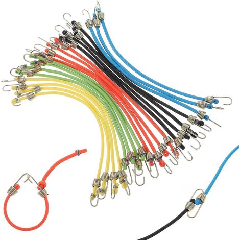 20 cuerdas elásticas cortas de goma con ganchos, cordones de ajuste regulables para equipaje, barras de techo, uso en exteriores, lonas y bicicletas. (1/5)