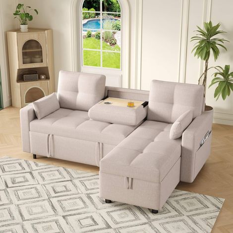 Canapé d'angle moderne avec rangement et Porte-gobelet extensible canapé-lit convertible avec fonction couchage Lin Beige