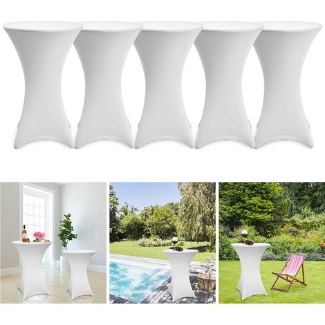 Randaco 5er Set Stehtischhusse Stretch Weiß – Elastische Husse für Bistrotisch Ø 70–75 × 110 cm mit 4 Fußlaschen
