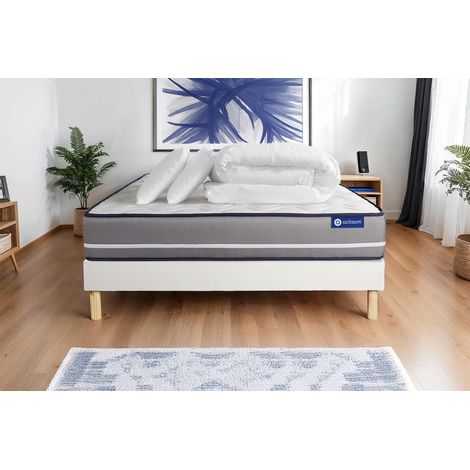 Komplettpaket Bett - Matratze 180x200 cm + Boxspringbett mit Lattenrost (im Set) + 2 Kopfkissen + Bettdecke - Actilatex Pur