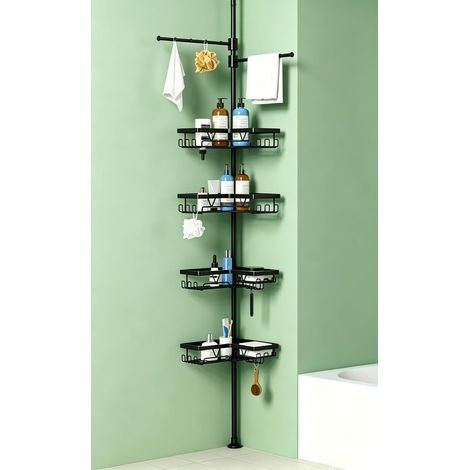 Etagere Douche avec Porte Serviette - Etagere Douche Angle Telescopique Organisateur Salle de Bain Support Savon Crochet Douche(Noir, Inox) (1/5)