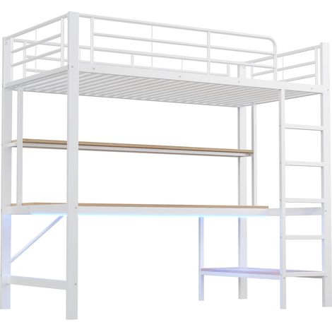 Letto a soppalco 90 x 200 cm in metallo bianco con scrivania, mensole, LED, USB e presa (1/5)