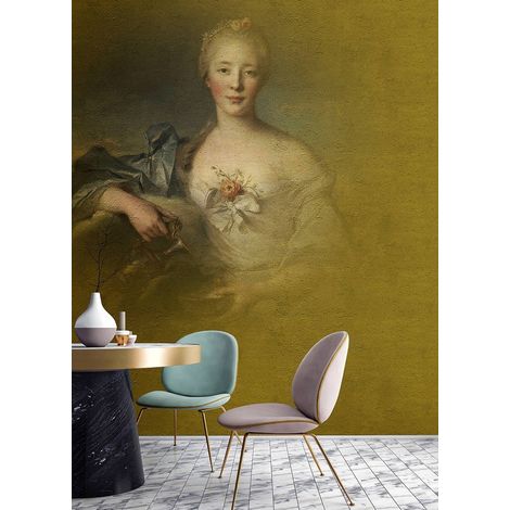 Papier peint panoramique jaune & gris effet peinture fresco | Tapisserie panoramique pour couloir avec femme | Papier peint panoramique élégant escalier - 270 x 200 cm (2 pièces) (1/5)