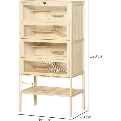 Cage en bois PawHut pour hamsters, 5 niveaux, Rodenium, cage pour petits animaux avec toit grillagé et rampes, grande cage en bois pour hamsters et hamsters nains, 60 x 40 x 120 cm, bois naturel