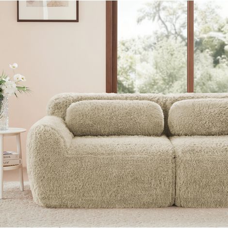 Sofá modular sin brazos caqui claro en tejido de felpa con cojín, sin montaje (1/5)