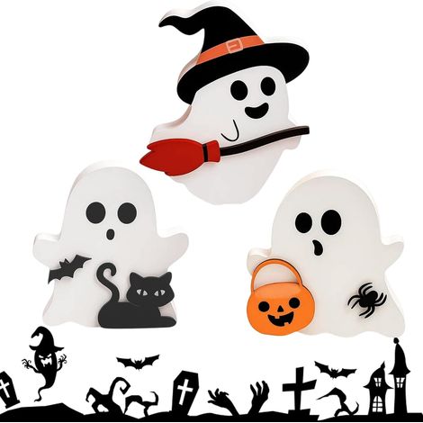 Ensemble de décoration de table fantôme amusant - Décoration d'Halloween - Centres de table pour étagères - Décorations balai de sorcière - Ensemble de 3 pièces (1/5)