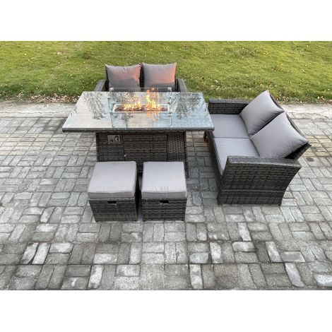 Fimous 5 Stücke Gartenmöbel Set Polyrattan Sitzgruppe Gas Feuerstelle Esstisch Sofa Set mit 2 Kleiner Fußhocker (1/5)