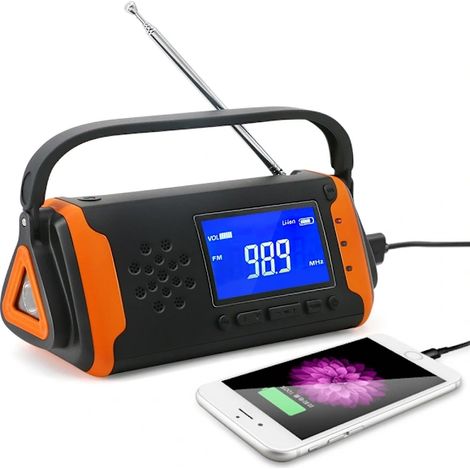 Radio d'urgence de luxe avec batterie externe de 4000 mAh, dynamo, manivelle et cellule solaire. (1/2)
