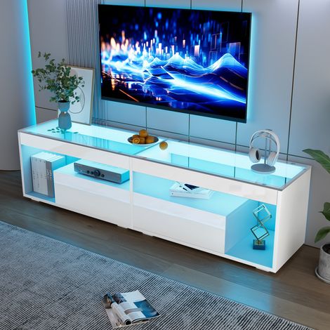 Meuble TV LED brillant, adapté aux téléviseurs jusqu'à 70 pouces, meuble TV noir pour salon avec 2 tiroirs, meuble TV, console pour salon et chambre à coucher, blanc, 180 x 40 x 46,5 cm (1/5)