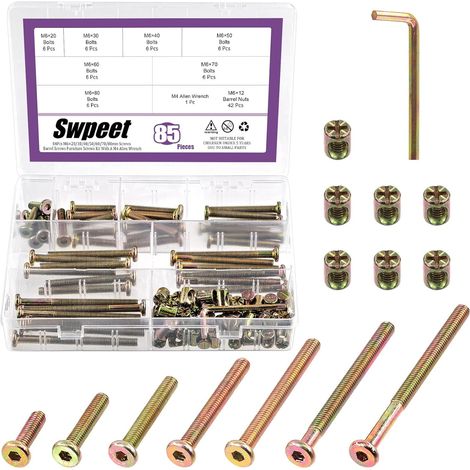 M6 Colored Zinc Screw Kit 20/30/40/50/60/70/80 mm - Screws and Bolts for Baby Beds - Allen Key Included - Perfect for Furniture, Cribs (1/5)