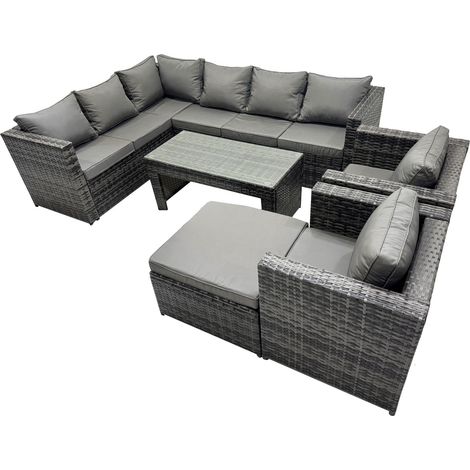 Fimous 6 Pieces Outdoor PE Rattan Garden Furniture Corner Sofa Oblong Coffee Table Set with Cushions Big Footstool Dark Grey Mixed (1/5)