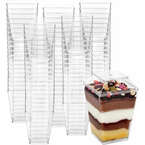 Coupelles à dessert transparentes avec couvercles, réutilisables, trapézoïdales, faciles à nettoyer, pour glace, fruits et parfait. (1/5)