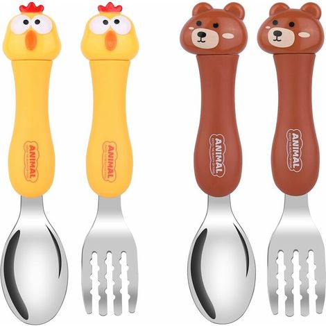 Stainless Steel Kids Cutlery Forks and Spoons (Brown Bear + Yellow Chick) 4 pcs