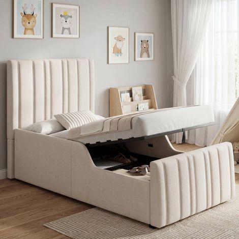 Cama individual tapizada moderna de lino beige 90x200 cm con cabecero, somier de láminas y arcón hidráulico