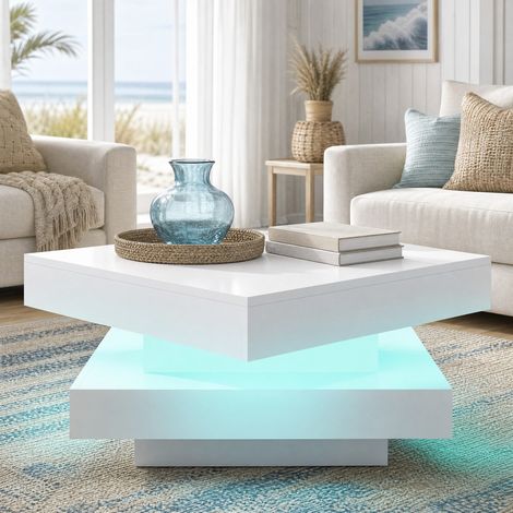 Table basse carrée 70x70x36 cm en bois blanc, plateau pivotant LED, salon moderne FloraGrace (1/5)