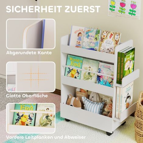 Étagère à livres pour enfants avec 4 tablettes, compartiment inférieur, 2 panneaux latéraux, tableau ardoise, roulettes, pour 3 à 8 ans, 66,5x32,5x86,5 cm, blanc (1/5)